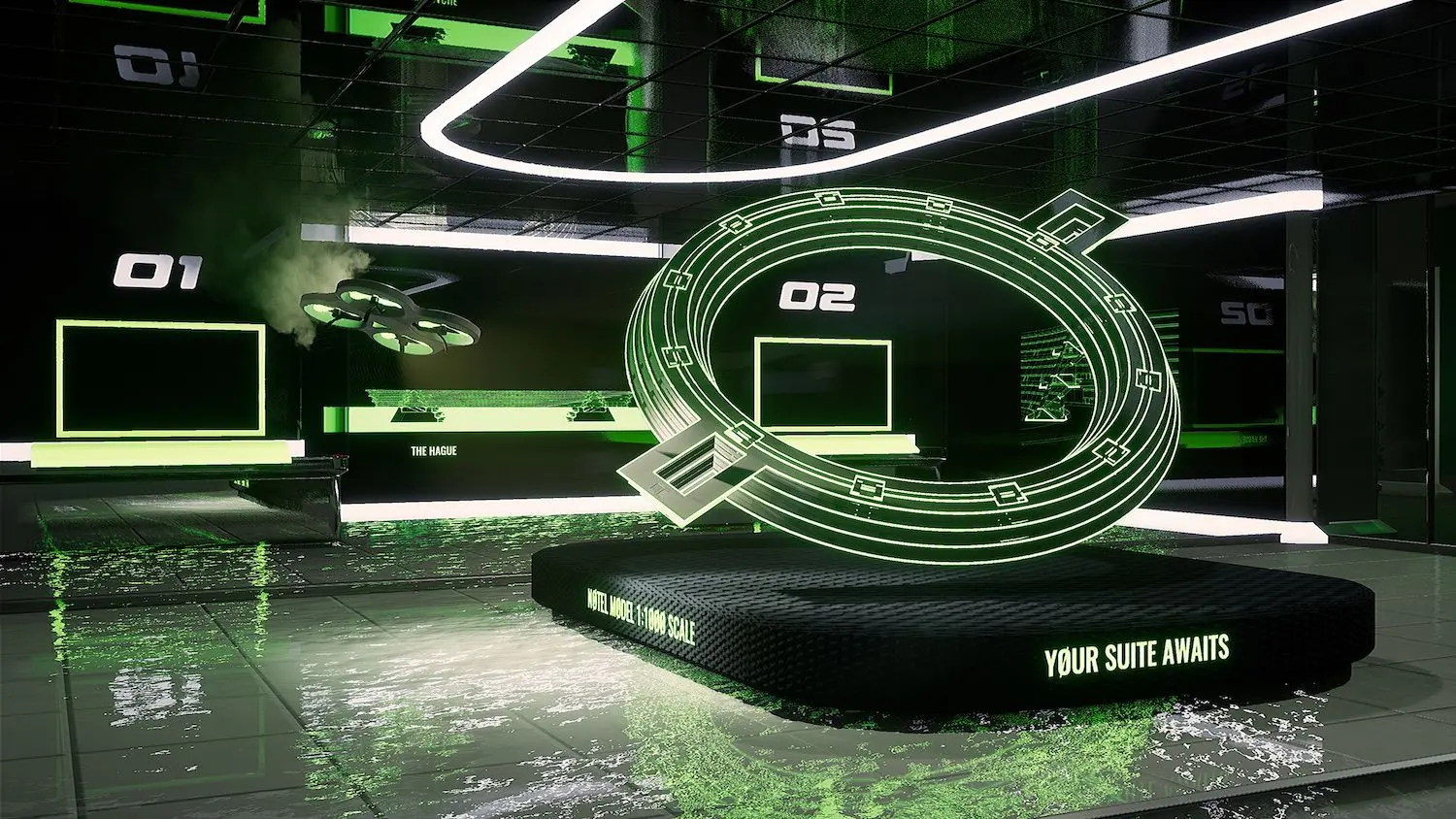 Nøtel (Showroom), 2016 – ongoing multimedia installation, HD video, open world video game, and VR experience dimensions variable © Lawrence Lek. Courtesy the Artist and Sadie Coles HQ, London