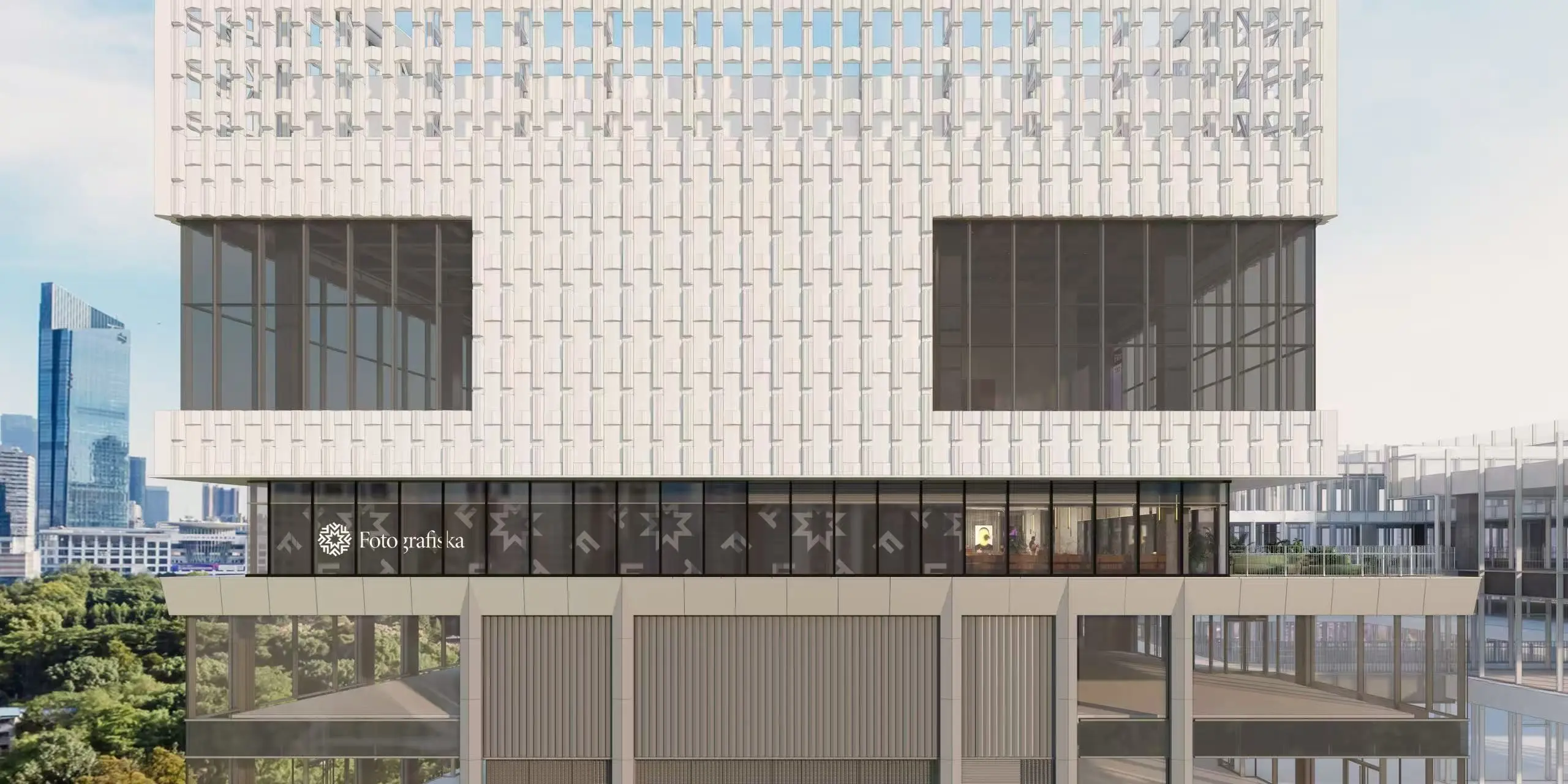 Digital rendering of Fotografiska Shenzhen featuring a modern building facade with textured white exterior panels, large glass windows, and city skyline in the background